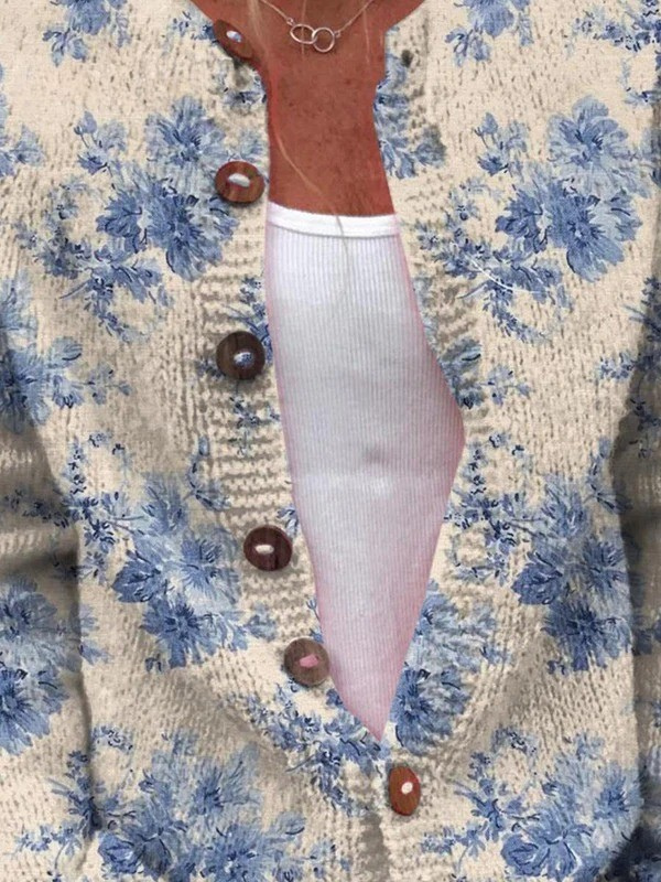 Floral Art Print Buttoned Cardigan