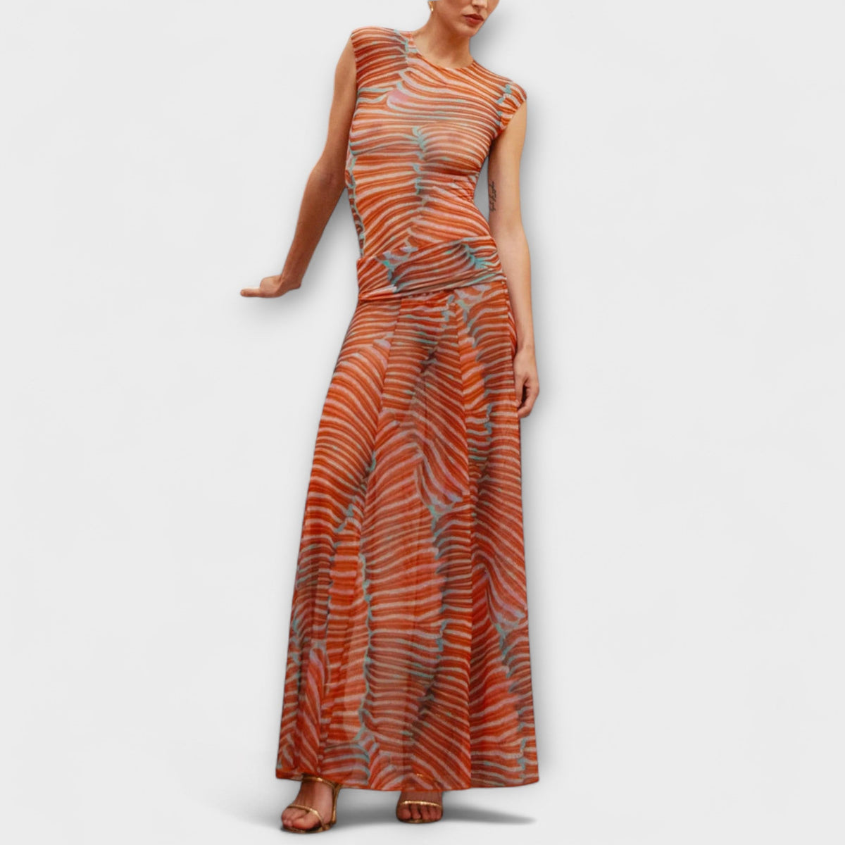Phoenix – Shimmering Wave Mesh Bodysuit and Skirt Ensemble