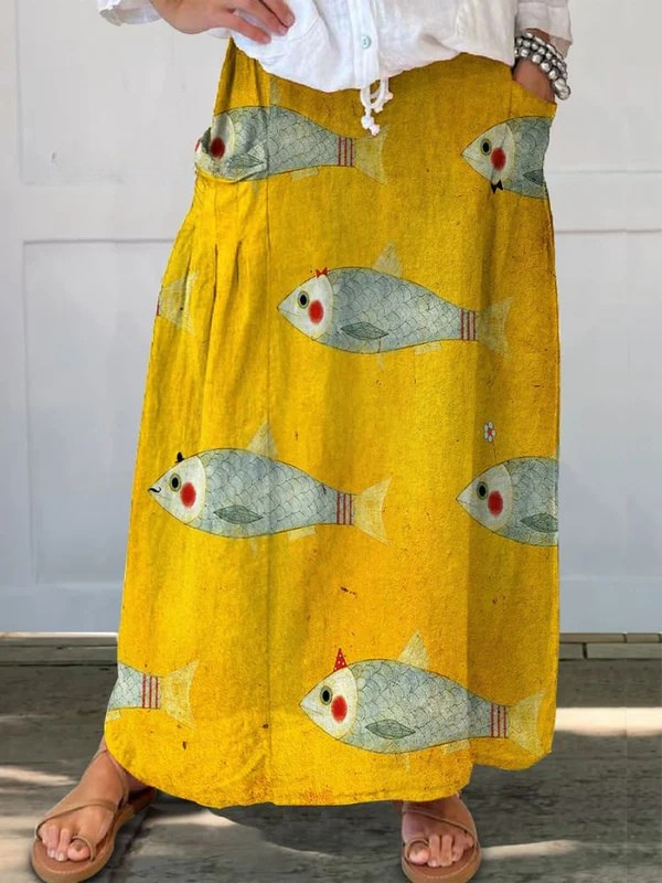 Elli™ | Women's Vintage Fish Art Pocket Skirt-Pants