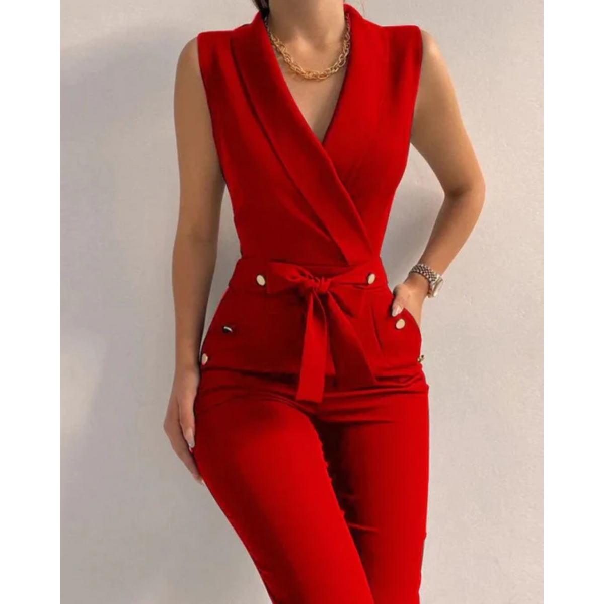 Women’s Formal Tied Jumpsuit – Sleeveless V-Neck