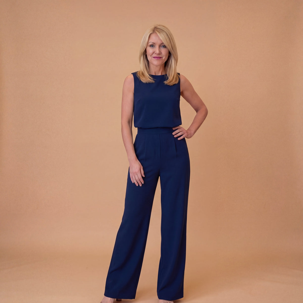 Wide Leg Jumpsuit – Round Neck Mid-Waist Fit for Elegant Styling